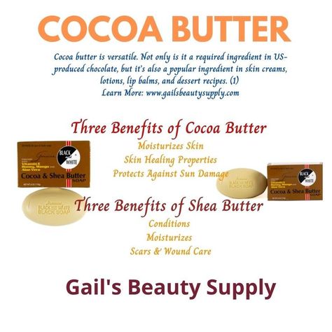 Happy Friday! Cocoa butter, derived from the fat of cocoa beans, is a natural ingredient known for its rich texture and various benefits for the skin. Here are some of the key benefits of cocoa butter: Deep Moisturization Rich in Antioxidants Skin Elasticity Heals and Soothes Reduces the Appearance of Scars Anti-Inflammatory Sun Protection Lip Balm Aromatherapy Hair Care Natural Emollient Cocoa Butter Benefits, Coco Butter, Hair Care Natural, Cocoa Beans, Shea Butter Soap, Black Soap, Skin Healing, Skin Cream, Natural Soap