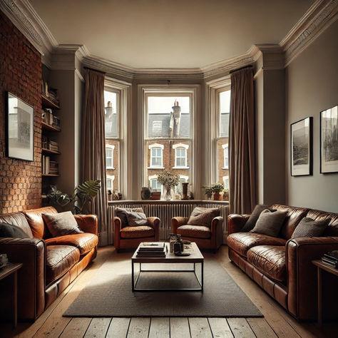 London apartment with brown sofas and exposed brick wall London Style Home, Flat London, College Living Room Decor, Brown Sofas, College Living Rooms, Building Apartment, London Decor, College Living, Leaving Room