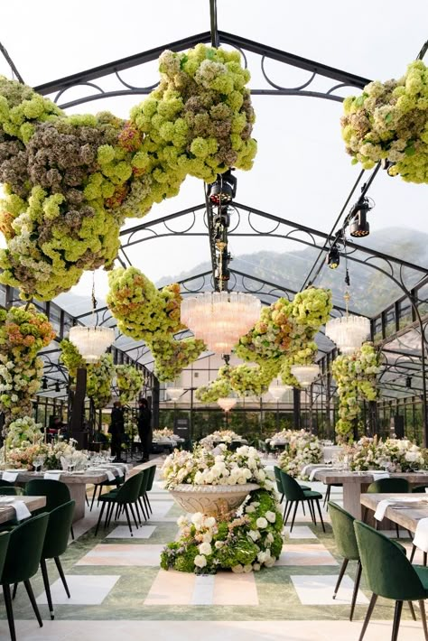 A greenhouse at Villa Balbiano, Lake Como | Floral designer: Larry Walshe | Wedding Planner: The Lake Como Wedding Planner | #wedding #weddingphotographer #lakecomo #larrywalshe #inspiration #reception #weddingreception | BOTTEGA53 Lake Wedding Reception, Corporative Events, Floral Chandelier Wedding, Wedding Ceiling, Wedding Chandelier, Floral Runner, April Wedding, Greenhouse Wedding, Lake Como Wedding