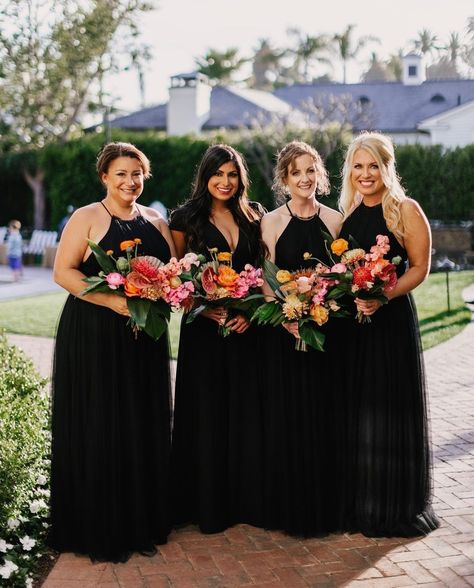 Stain Bridesmaid Dresses, Black Bridesmaid Dresses With Colorful Shoes, Black Bridesmaid Dresses With Colourful Flowers, Black And White Wedding Theme With Pop Of Color, Black Bridesmaid Dresses Colorful Shoes, Blush Pink And Black Wedding Bridesmaid Dress, Black Bridesmaid Dresses With Wildflowers, All Black Wedding With Colorful Flowers, Black Bridesmaid Dress With Pink Flowers