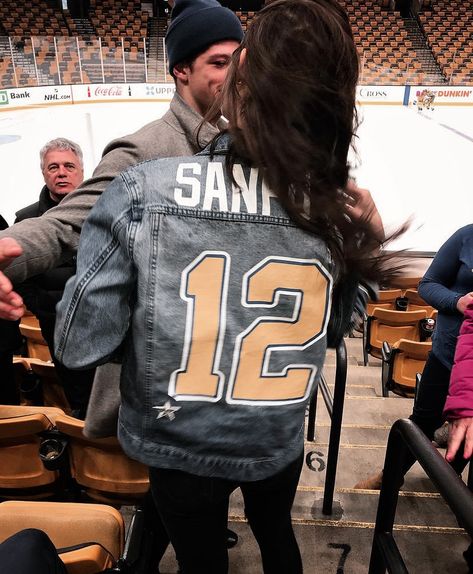 Hockey Jean Jacket, Mlb Wife, Sports Wife, Football Gf, Hockey Jacket, Hockey Crafts, Hockey Outfits, Gameday Fits, Hockey Wife