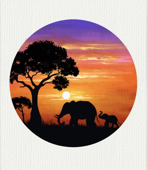 Sunset Art Painting, Circular Canvas Painting, Sunset Canvas Painting, Cute Owls Wallpaper, Safari Art, Environment Painting, African Artwork, Circle Canvas, Easy Love Drawings