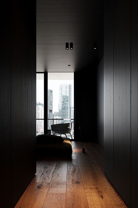 Black Corridor, Dark Interior Design, House Minimalist, Black Interior Design, Concrete House, Dark Interiors, Minimalist Room, Minimalism Interior, Interior Garden