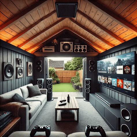 Man Cave Shed Ideas: Your Best Guide in 2024 Man Cave Shed Ideas, Man Cave Ideas, Shed House Interior, Hunting Man Cave, Modern Man Cave, Small Man Cave, Garage Workshop Layout, Man Cave Shed, Man Cave Room