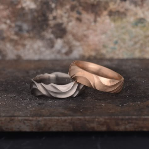 Gay Wedding Ring, Gay Wedding Rings, Wave Wedding Band, Couple Ring Design, Wedding Rings Art, Engagement Rings Couple, Jewelry Product Shots, Wood Jewelery, Handmade Silver Jewellery