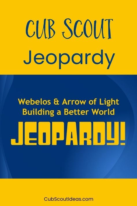 Learning about laws and such for the Cub Scout adventure, Building a Better World, sounds an awful lot like school. Make it more fun by playing Jeopardy! Find out how in this post. #Webelos #ArrowofLight #CubScouts #BuildingABetterWorld #CubScoutIdeas Arrow Of Light Building A Better World Activities, Cub Scout Oath, Cub Scout Games, Math Stem Activities, Arrow Of Light, Cub Scouts Bear, Cub Scouts Tiger, Scout Games, Cub Scout Activities