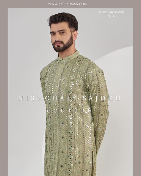 Our classic sage green mirror work kurta with intricate tone to tone thread embroidery and sequin work. Shop now at www.kasbahmen.com Sage Green Kurta Men, Sage Green Mirror, Mirror Work Kurta For Men, Waist Coat Men, Mirror Work Kurta, Indian Wedding Outfit, Men Kurta, Kurta Men, Mens Kurta Designs