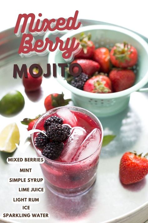 Image showing a mixed berry mojito. Berry Mojito Recipe, Berry Mojito, Easy Summer Cocktail Recipes, Chef Savvy, Whiskey Recipes, Pumpkin Coffee Cakes, Gin Recipes, Mojito Recipe, Easy Drink Recipes