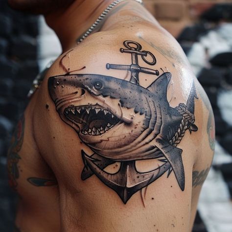 Shark and anchor tattoo idea. Check my profile for more tattoo designs. . . . . . . . . . #sharktattoo #anchortattoo #nauticaltattoo #oceantattoo #seacreaturetattoo #underwatertattoo #realistictattoo #blackandgreytattoo #tattoosleeve #armtattoo #inkedlife #sharkweek #nauticallife #traditionaltattoo #neotraditionaltattoo #watercolortattoo #oceanicart Shark And Anchor Tattoo, Traditional Bear Tattoo, Traditional Shark Tattoo, Anchor Tattoo Meaning, Nautical Tattoo Sleeve, Shoulder And Arm Tattoo, Any Tattoo, Hyper Realistic Tattoo, Anchor Tattoo Design