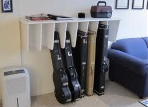 Guitar Case Storage, Music Room Storage, Music Furniture, Guitar Storage, Home Studio Ideas, Guitar Display, Home Music Rooms, Music Storage, Guitar Room