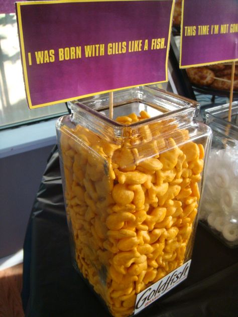 Pitch Perfect quotes for the party food...Goldfish for "I was born with gills like a fish." - Lily Pitch Perfect Birthday Party Ideas, Pitch Perfect Party Theme, Pitch Perfect Birthday Party, Pitch Perfect Party Ideas, Pitch Perfect Party, Pitch Perfect Quotes, Pitch Perfect Movie, Backyard Movie Party, Perfect Movie Night