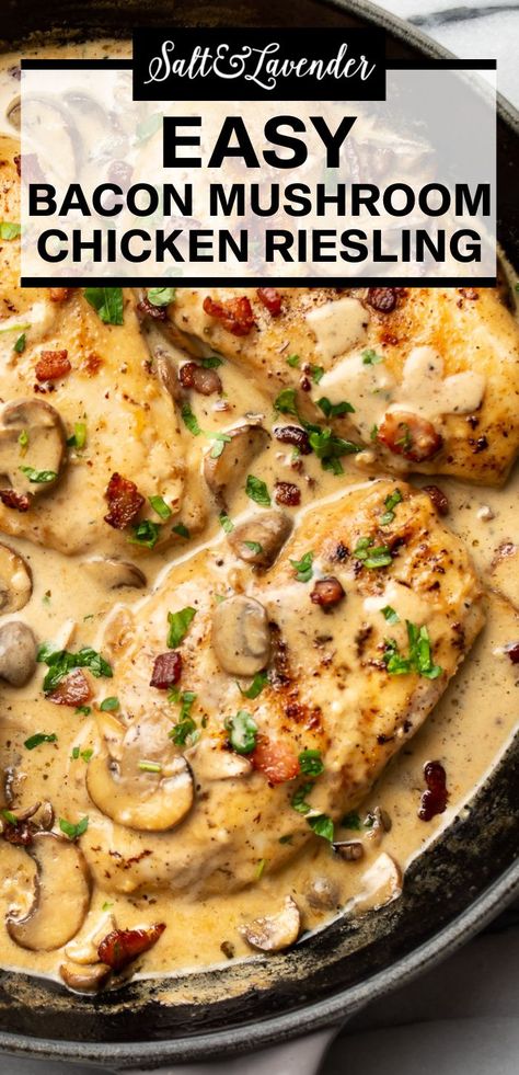 a skillet with chicken and text overlay that reads easy bacon mushroom chicken riesling Cheesecake Factory Reisling Chicken Recipe, Cheesecake Factory Chicken Riesling, Chicken Mushroom Bacon Recipes, Reisling Chicken Recipe, Chicken Riesling Cheesecake Factory, Cheesecake Factory Copycat Recipes Pasta, Riesling Chicken, Chicken Riesling, Copycat Cheesecake Factory Recipes