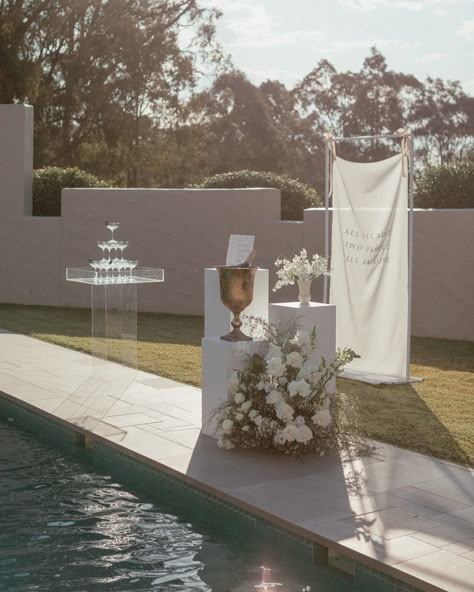 Pool Wedding Ceremony, Wedding Cake Backdrop, Somerley House, 2026 Wedding, Cocktail Hour Decor, Sicily Wedding, Pool Wedding, 2025 Wedding, Wedding Planning Decor