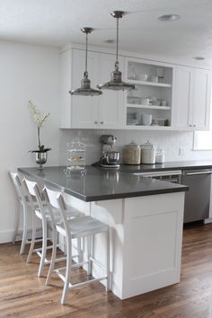 look at the contrast between the muted counter and the stark cabinets combined with a warm toned floor! Gray Counter, Серая Кухня, Kitchen Ikea, Kabinet Dapur, Kitchen Cabinets Decor, White Kitchen Design, Kitchen Farmhouse, Trendy Kitchen, Kitchen Redo