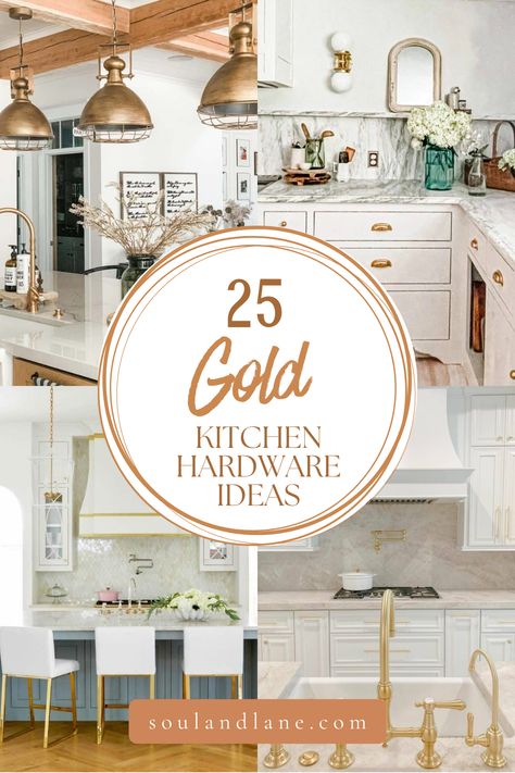 Step into a world of gilded elegance where gold kitchen hardware transforms ordinary spaces into realms of luxury and style. Whether you're revamping your cabinets, drawers, or sink, these gold accents promise to add a sophisticated flair that captivates and charms. Explore a variety of designs that cater to every taste, from bold, contemporary lines to timeless, ornate details. With our ideas, your kitchen will not only reflect exquisite taste but also become a warm, welcoming centerpiece of yo Brushed Gold Kitchen Hardware White Cabinets, Gold Cabinet Hardware Farmhouse, Kitchen Backsplash With White Cabinets And Gold Hardware, Farmhouse Kitchen Gold Accents, Muted Gold Kitchen Hardware, Kitchen Remodel White Cabinets Gold Hardware, Beige Kitchen Cabinets With Gold Handles, Kitchen Brass Accents, Beige Cabinets Gold Hardware