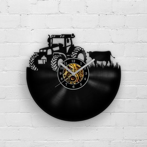 Farmhouse Man Cave, Tractor Silhouette, Vinyl Clock, Vinyl Record Wall, Metal Art Projects, Rustic Wall, Farm Tractor, Clock Face, Rustic Wall Decor