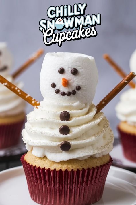 Learn how to make Chilly Snowman Marshmallow Cupcakes with this easy recipe. These festive vanilla cupcakes with creamy frosting and adorable marshmallow snowmen are perfect for holiday gatherings and family fun! Christmas Cookies Santa, Easy Christmas Cupcakes, Cookies Peppermint, Christmas Bars, Marshmallow Cupcakes, Christmas Fondant, Easy Christmas Desserts, Deco Cupcake, Christmas Cupcakes Recipes