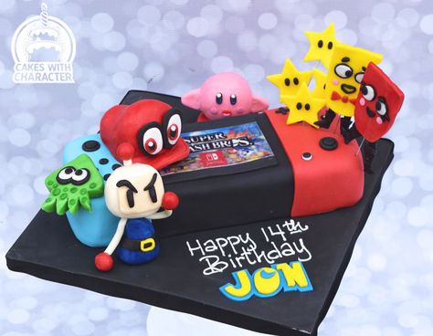 Nintendo Switch Birthday cake made for a boy who loves his Nintendo Switch gaming unit. Characters were chosen from his list of favorites... Switch Cake Ideas, Kids Movie Night Birthday Party, Nintendo Switch Cake Ideas, Switch Birthday Cake, Nintendo Switch Birthday Cake, Nintendo Switch Birthday, 10th Birthday Cakes For Boys, Nintendo Switch Cake, Nintendo Cake