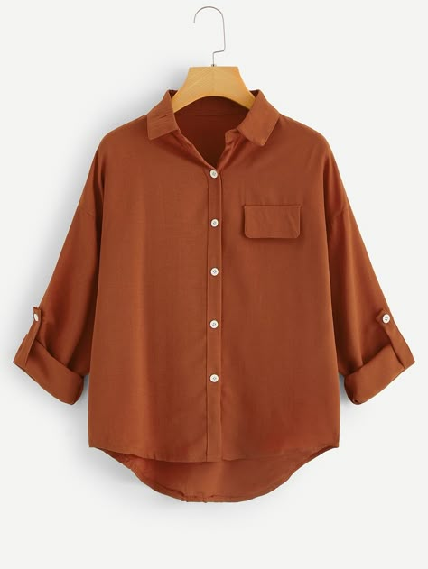 Pocket Dip Hem Blouse -SheIn(Sheinside) Dip Hem Shirts, Dip Hem Blouse, Fashion Tops Blouse, Hem Blouse, Women Blouses, Plain Shirts, Spring Shirts, Blouse Online, Fashion Tops