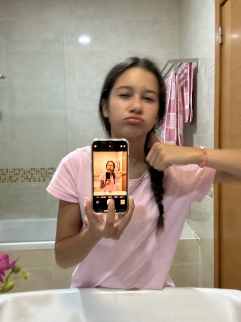 Pyjamas Summer, Pink Pyjamas, Bathroom Selfie, Pink Pajamas, Braided Hair, Summer Days, Good Vibes, Braided Hairstyles, Iphone 15