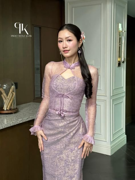 Purple Burmese Dress, Burmese Dress Traditional, Burmese Clothing Traditional Dresses, Burma Clothing, Burmese Dress Design, Myanmar Dress Design New Looks, Myanmar Dress Design Fashion, Burma Dress, Myanmar Outfit