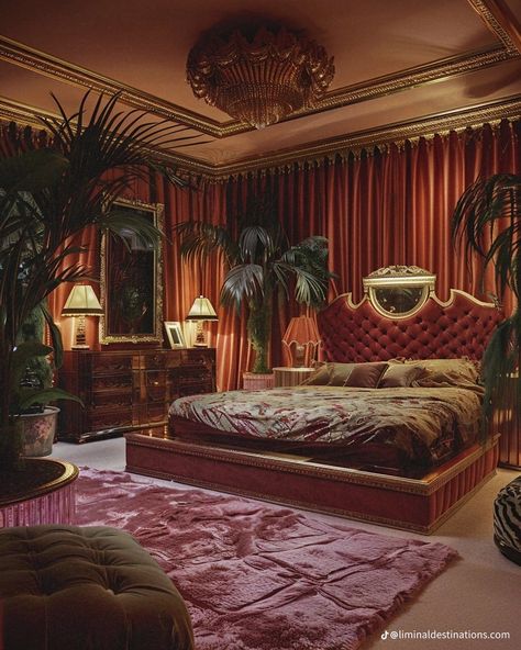 Brothel Aesthetic Bedroom, 80s Luxury Interior Bedroom, 80s Luxury Bedroom, 80s Art Deco Bedroom, Red Room Bedroom, Femme Fatale Bedroom Aesthetic, Fur Walls, 80s Interior Design Bedroom, Dark Red Bedroom Aesthetic