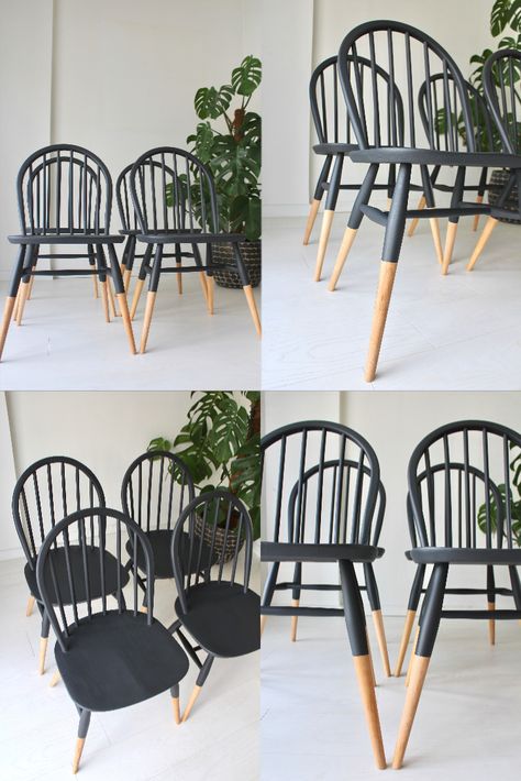 Refurbished Chairs, Dining Chair Makeover, Painted Dining Table, Dining Table Makeover, Windsor Dining Chairs, Painted Dining Chairs, Diy Dining Room, Chairs And Tables, Diy Dining