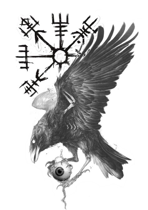 Viking Crow Tattoo Design, Creepy Crow Tattoo, Odin Crows Tattoo, Crow Tattoo For Men, Raven Tattoo Design, Odin's Ravens Tattoo, Druid Tattoo, Thor Hammer Tattoo, Hammer Tattoo