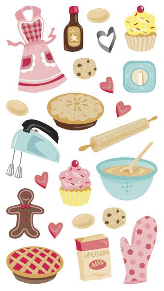 Bake Illustration, Recipe Book Printables, Baking Stickers, Calendar Doodles, Kitchen Clipart, Book Printables, How To Make Stickers, Glitter Stickers, Scrapbooking Stickers