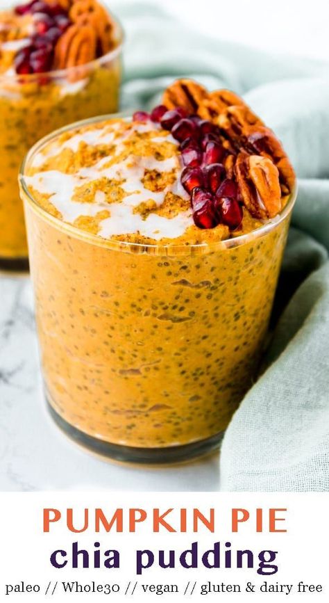 Healthy Pumpkin Pie Chia Pudding takes your classic pumpkin pie and turns it into a gluten free, dairy free, vegan, and Whole30 approved healthy snack! Perfect for meal prep, breakfast, or snacking! - Eat the Gains #whole30 #paleo #vegan #chiapudding #pumpkinpie #dairyfree #glutenfree Pumpkin Pie Chia Pudding, Chia Pudding Vegan, Pumpkin Chia Pudding, Healthy Pumpkin Pie, Classic Pumpkin Pie, Menu Sarapan Sehat, Pudding Chia, Healthy Pumpkin Pies, Chia Seed Recipes