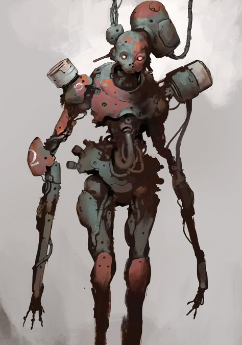 ArtStation - Junkyard mech, Guillaume Menuel Robot Concept, New Retro Wave, Arte Robot, Arte Cyberpunk, Cyberpunk Character, The Robot, A Robot, Science Fiction Art, Robot Design