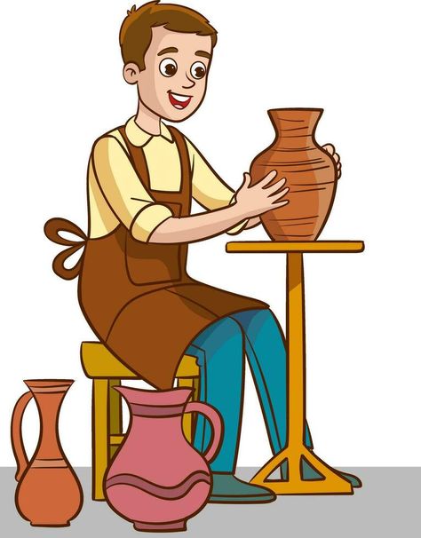 Potter working on a pottery wheel. Vector cartoon illustration. Pottery Clipart, خريطة ذهنية, Primary English, Human Figures, Picture Story, Vector Cartoon, Craft Bags, Cityscape Photos, Logo Banners