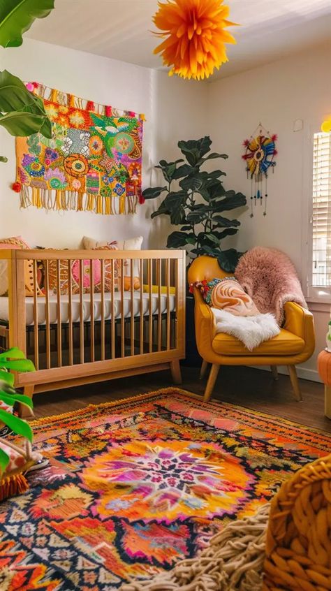 +60 Gorgeous Bohemian Nursery Ideas to Copy - DecorWithEva Maximalist Baby Nursery, Jungalow Nursery, Bohemian Nursery Ideas, 70s Nursery, Unique Baby Nursery, Hippie Nursery, Colorful Baby Nursery, Pepper Ann, Designer Wall Clock