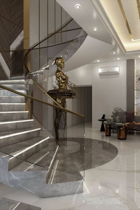 Stair Railings Metal, Stair Railing Metal, Stairs Railing Design, Luxurious Staircase, Luxury Stairs, درج السلم, Railing Tangga, Metal Stair Railing, Staircase Design Ideas