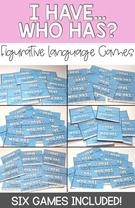 Get ready for INSTANT ENGAGEMENT with these fun "I Have... Who Has?" games for figurative language! This bundle includes SIX games: Simile/Metaphor, Personification, Idiom, Alliteration, Onomatopoeia, and Hyperbole. Just print and get ready for the FUN! Figurative Language Middle School, Basketball Classroom, Figurative Language Activities, Figurative Language Activity, Teaching Figurative Language, High School Language Arts, High School Writing, 6th Grade Reading, 8th Grade Ela