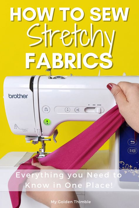 How to Sew Stretch Fabric. Tips, Tricks & Everything you Need to know! Sewing Spandex Tips, How To Sew Polyester Fabrics, Sewing With Yarn On Sewing Machine, How To Sew With Stretchy Fabric, How To Sew On Stretchy Fabric, Sewing Polyester Fabric Tips, How To Hem Stretchy Fabric, Sewing Stretch Fabric, How To Sew Stretch Fabric