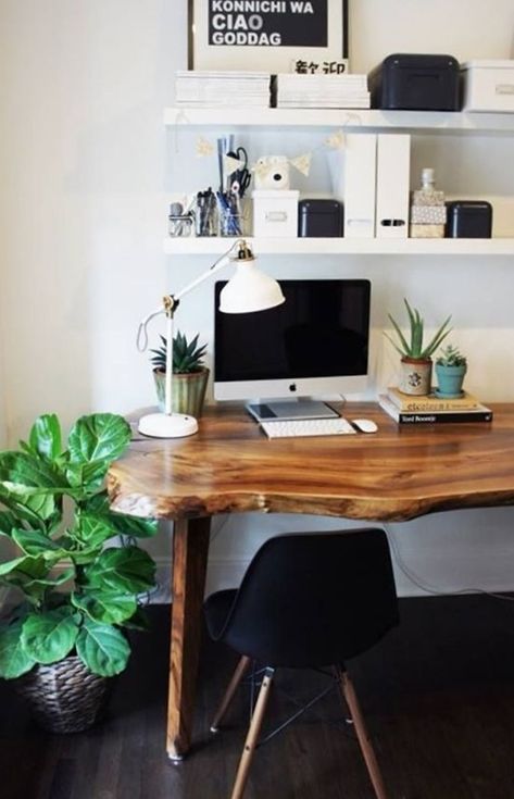 Lots of beautiful ways to incorporate live edge elements in interior design #wood Office Desk Decoration Ideas, Desk Decoration Ideas, Live Edge Wood Desk, Office Desk Decoration, Cool Office Desk, Interior Window Trim, Live Edge Desk, Dream Desk, Rustic Desk