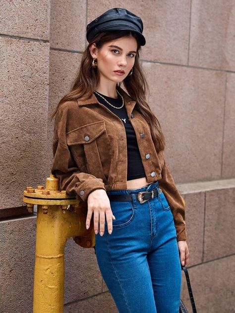 Crop Brown Jacket Outfit, Cropped Courdory Jacket Outfit, Cropped Curdoroy Jacket Outfit, Trendy Brown Cropped Jacket With Pockets, Crop Corduroy Jacket, Ladies Short Jackets, Short Models, Long Sleeve Outerwear, Casual Vest