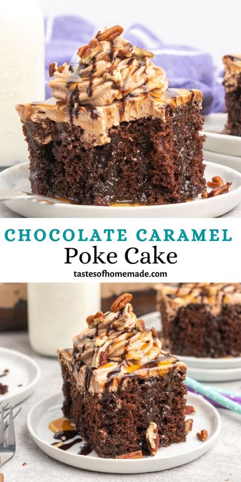 Chocolate Caramel Poke Cake, Caramel Poke Cake, Poke Cake Recipe, Chocolate Poke Cake, Easy Caramel, Flourless Cake, Potluck Party, Creamy Caramel, Poke Cake Recipes