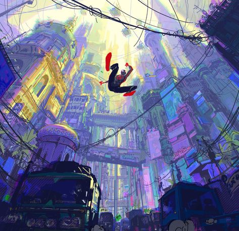 Across The Spider Verse Background Art, Spiderman Across The Spider Verse Illustration, Spiderverse Landscape, Spiderverse Environment, Spiderman Across The Spider Verse Concept Art, Spiderverse Study, Across The Spider Verse Concept Art, Across The Spiderverse Concept Art, Spiderman Across The Spider Verse Fanart