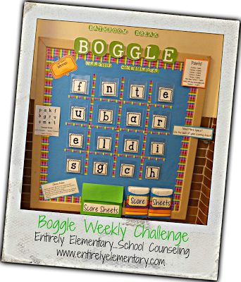 Boggle Bulletin Board, Math Boggle, School Counseling Ideas, Boggle Board, Counseling Bulletin Boards, Activities Elementary, Work Bulletin Boards, School Counseling Office, School Counseling Activities