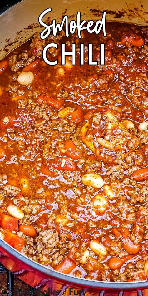 Cooking this on a smoker grill adds a rich and intense smoky flavor that is hard to compete with. This recipe is flavor-packed and seasoned just right. Chili On Smoker, Rectec Smoker Recipes, Smoked Meals Dinners, Chili On The Smoker, Smoked Recipes Electric Smoker, Pot Boss Smoker Recipes, Recipes For The Smoker Grill, Smoker Seasonings, Smoked Grill Recipes