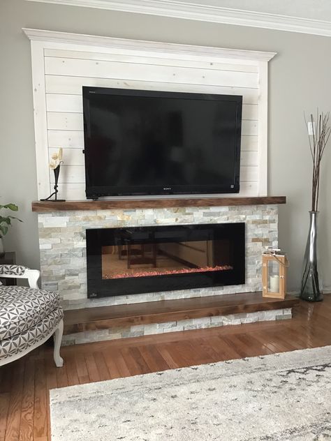 Decorating A Small Basement, Fake Fireplace Small Living Room, Brick And Shiplap Electric Fireplace, Peel And Stick Fireplace Wall, Stone Fireplace With Electric Insert, Diy Fireplace Tv Wall With Mantle, Living Room Designs Farmhouse Cozy, Half Fireplace Wall, Mobile Home Fireplace