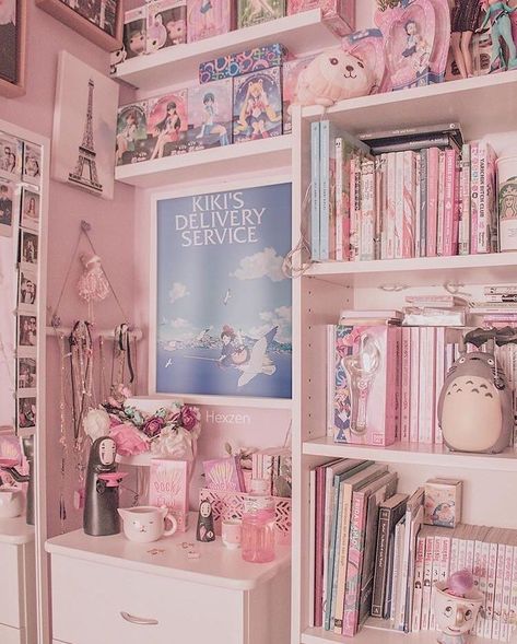 Cute Book Shelf Aesthetic, Kawaii Bookshelf, Pink Manga Collection, Pink Bookshelf Aesthetic, Pink Library Aesthetic, Pink Dorm Aesthetic, Kawaii Shelf, Pink Aesthetic Bookshelf, Anime Shelves Aesthetic