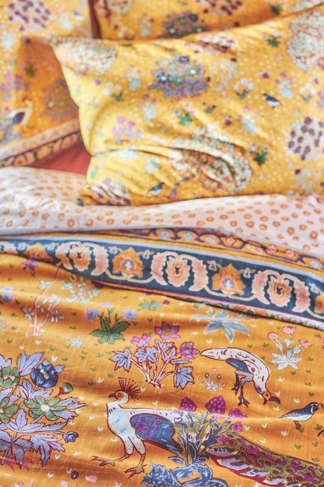 Darby Duvet Cover | AnthroLiving Bedroom Runners, Anthropologie Holly Duvet, Indie Duvet Cover, Anthropolgie Bed, Anthropologie Darby Duvet, Yellow Bedspread, Eclectic Decor Bedroom, Bright Floral Duvet Cover, Yellow Bedroom Decor