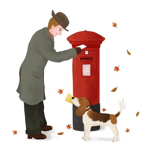 Autumn Season. UK Red postbox. Cozy and warm feeling drawing. British. Dog. Letter. Feeling Drawing, Box Illustration, British Dog, Post Box, Letter Box, Autumn Season, Fall Season, Lily, Character Design