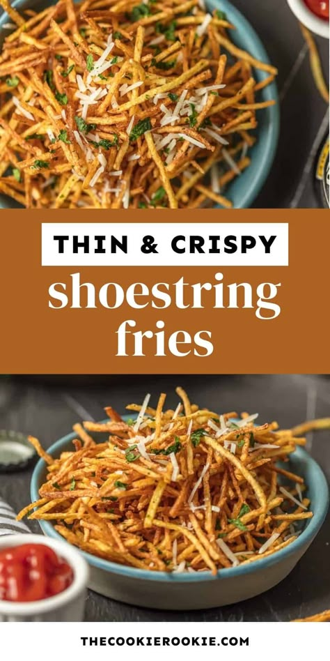 Shoestring fries are my favorite side. These shoestring potatoes are crispy, customizable, and of course, delicious! Asian Fries Recipe, Skillet Home Fries, Shoestring Fries Air Fryer, Shoe String Fries, Shoestring Potatoes, Wing Party, Shoestring Fries, Beautiful Meals, College Recipes