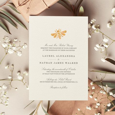 Bee Wedding Theme, Honeybee Illustration, Golden Watercolor, Bee Watercolor, Gray Theme, Wedding Invite Ideas, Bee Wedding, Watercolor Wedding Invitation, Spring Wedding Invitations