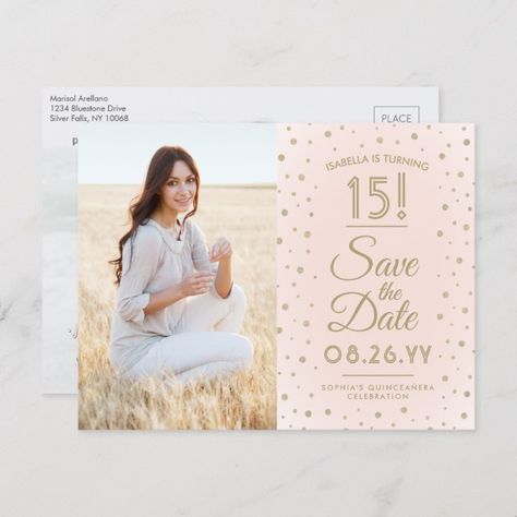 2 Photo QuinceaÃ±era Blush Pink Gold Save the Date Invitation Postcard Pink, #Blush, #Save, #Gold, #era Pink And Gold Invitation Template, Save The Date Blush Pink, Pink And Gold Invitations, Save The Date Blush Pink And Gold, Fifteenth Birthday, Gold Save The Dates, Sixteenth Birthday, Sweet Sixteen Birthday, Quinceanera Invitations