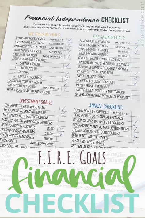 Grab this free Financial Independence Checklist printable to help you track your F.I.R.E. (Financially independent, retire early) goals. This worksheet includes milestones and goals along the way with help and guidance on how you can reach your savings and investment goals and reminders to track your progress to help motivate you and your finances to reach your goals of retiring early! Financial Goals Planner, Checking And Saving Account Goals, Annual Financial Checklist, Financial Goals For 2024, Financial Goals Ideas Personal Finance, Retire Early Financial Independence, Financial Goals For Your 20s, Financial Goals Template, 2024 Financial Goals